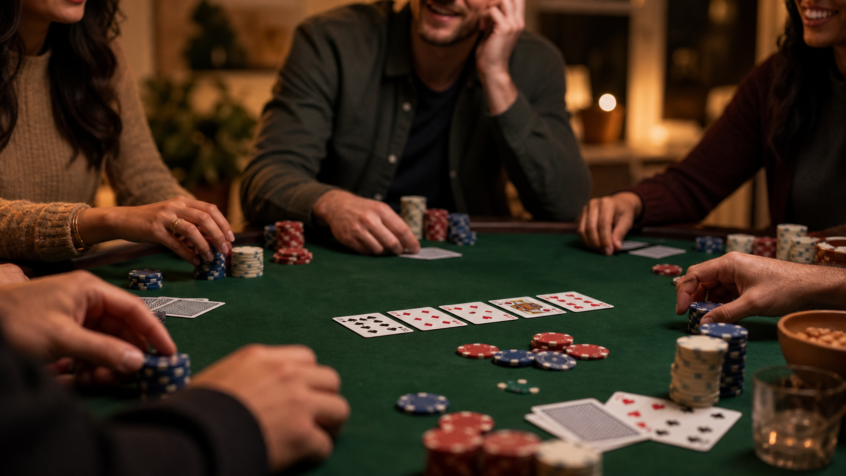 Friends playing poker together around a green felt table